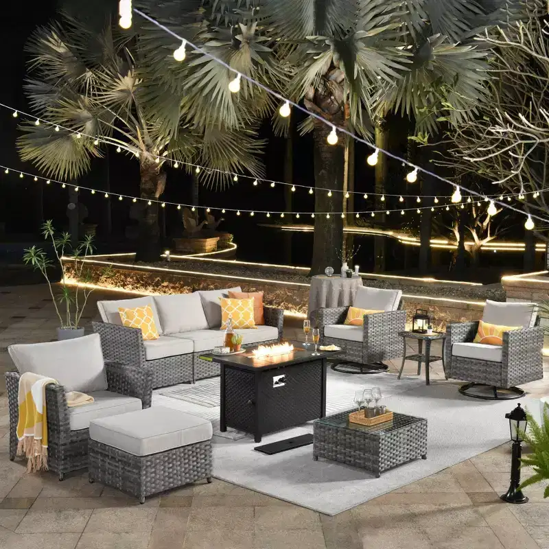 Tenaya 10pc Wicker Outdoor Patio Furniture Set Conversation Sofa with a Metal Fire Pit, Swivel Chairs and Cushions