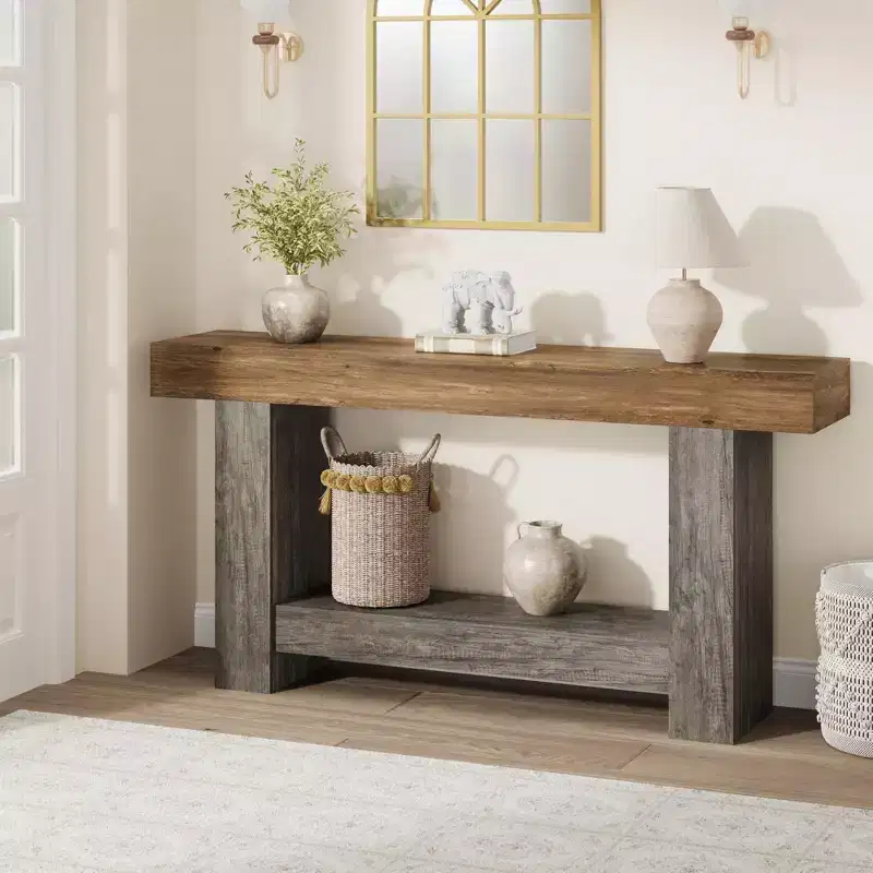 2-Tier Farmhouse Entryway Table, Long Sofa Accent Console Table, Behind Couch Table with Open Storage for Home Entrance, Living Room & Hallway