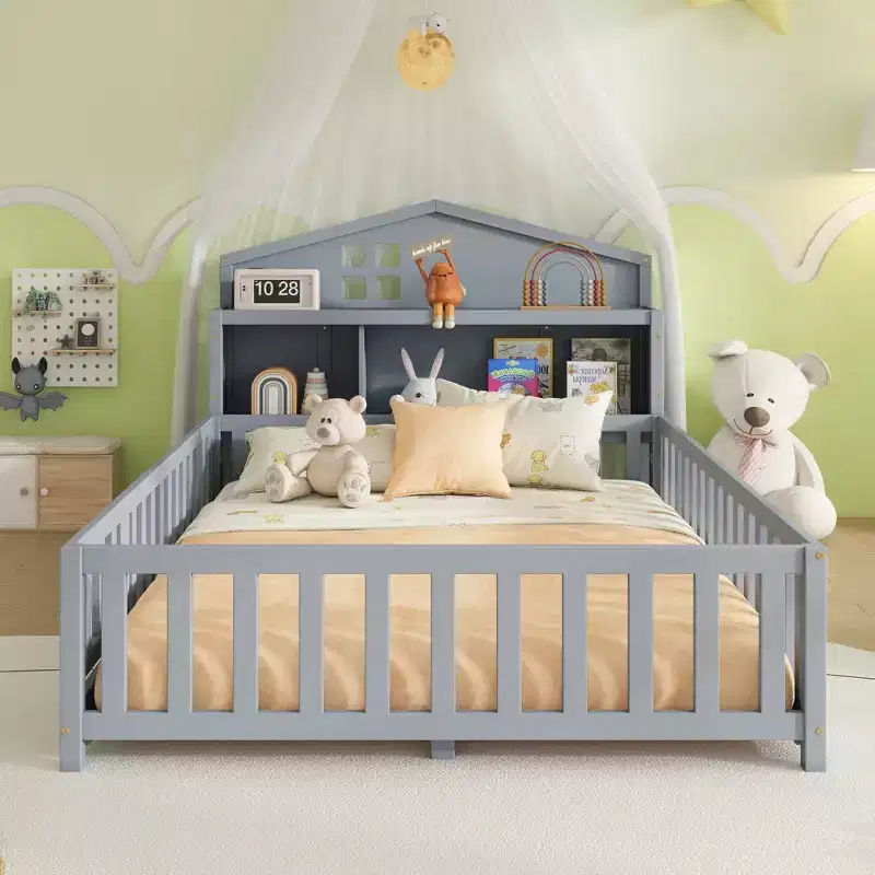 Full Montessori Floor Bed with Bookcase & Chalkboard, Solid Wood Platform Bed with Guardrails and Storage Headboard for Kids & Teens