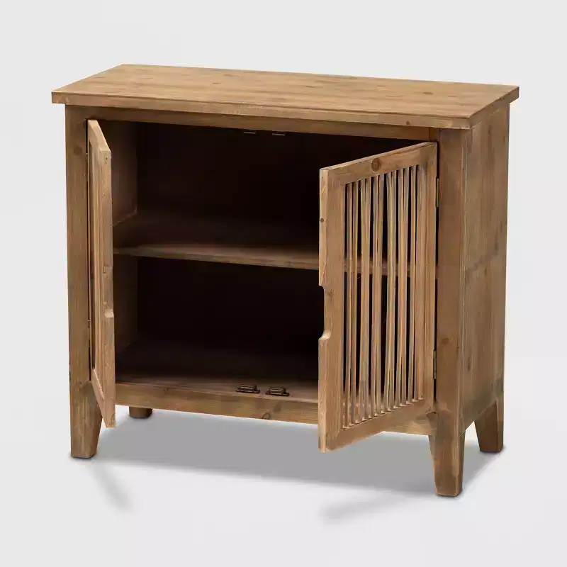 Baxton Studio Clement 2 Door Wood Spindle Accent Storage Cabinet Brown: Bohemian Style, Fixed Shelves, No Assembly Required