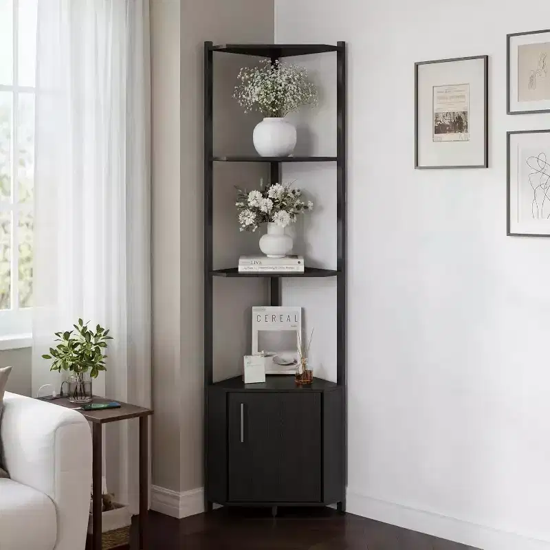 5-Tier Corner Shelf Stand, 58Tall Metal Frame Narrow Bookshelf with Storage Rack, Easy Assembly Display Shelf for Wall Corner, Bedroom, Living Room