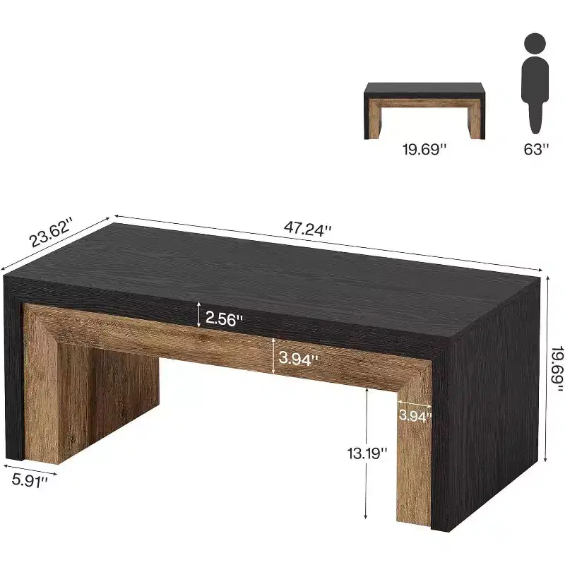 47-Inch Coffee Table for Living Room, Mid-Century Modern Farmhouse Center with Sturdy Base for Apartment, Easy Assembly, Black & Walnut