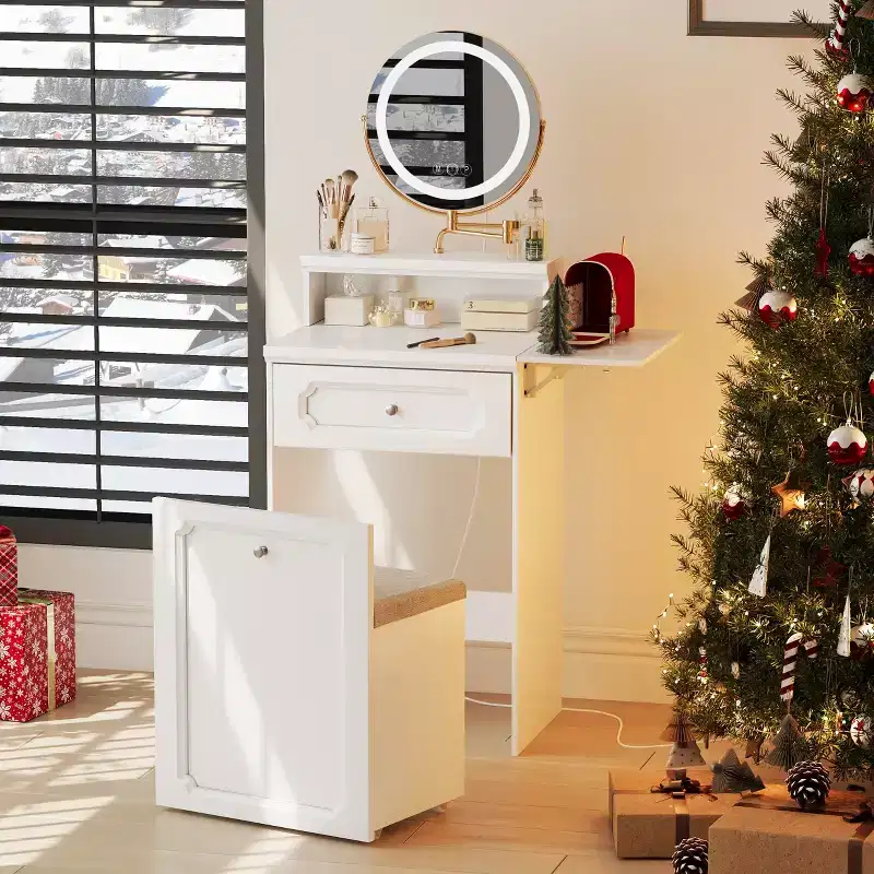 Compact Vanity Desk with Adjustable Lighted Mirror  Mini Makeup Desk, Storage Drawer & Chair for Bedroom or Small Spaces