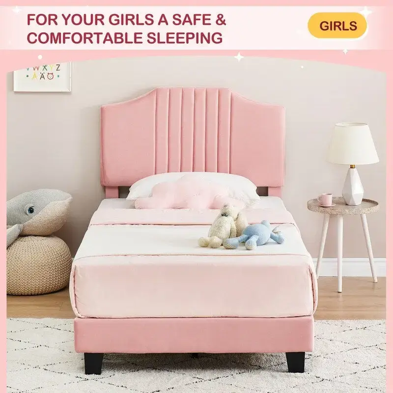 Twin Low Platform Bed with Foam Headboard – Pink / Grey, Velvet, Wood Slats & Metal Frame, Single