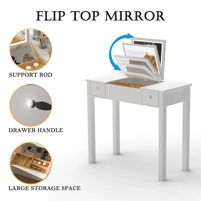 Sleek Vanity Table with LED Lights, Flip-Top Mirror and 2 Drawers, Jewelry Storage for Women Dressing