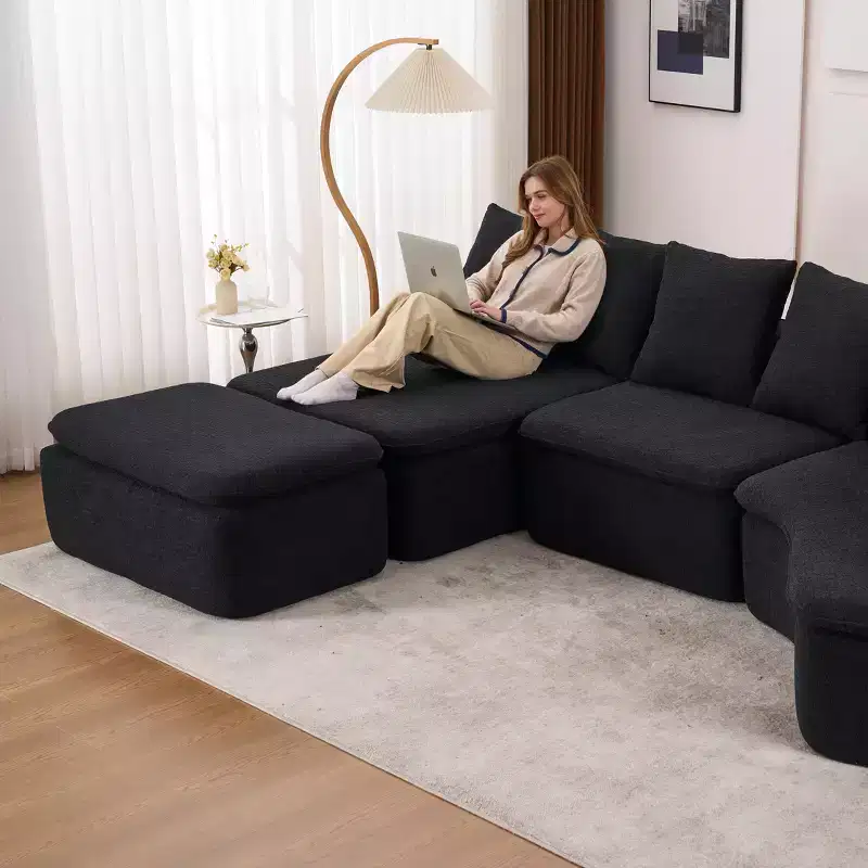 133 Modern Curved Modular Sectional Sofa with Ottoman, 3-Seat Soft Chenille Cloud Sectional Couch for Living Room or Lounge-Panipeachy