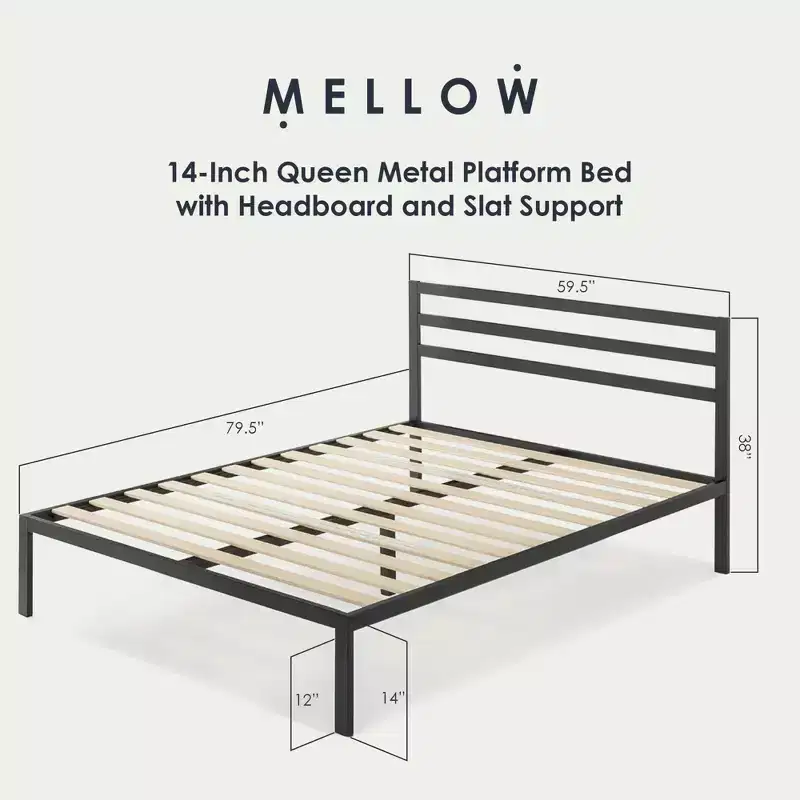 Mellow 14-Inch Metal Platform Bed with Headboard and Slat Support, Queen, Black