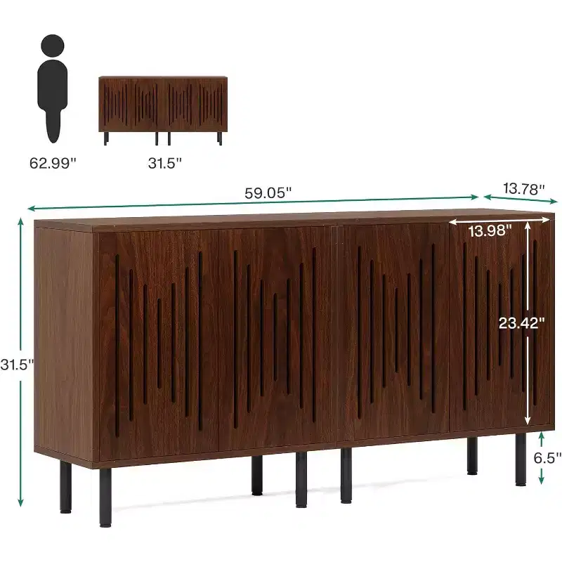 Lantine Vintage Storage Cabinet Set of 2, 59 Walnut Farmhouse Sideboard Buffet with Doors, Adjustable Shelves, ideal for Kitchen, Hallway.