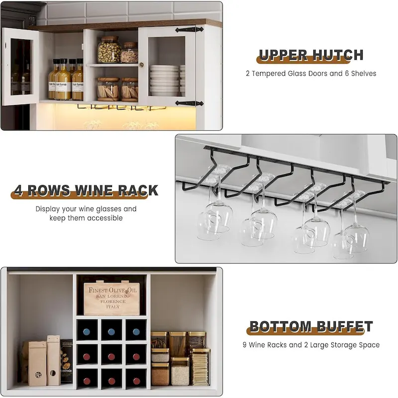 Modern Farmhouse Coffee Bar Cabinet with LED Lights & Power Outlets, Kitchen Cabinet