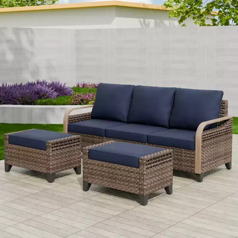 EAGLE PEAK Outdoor Rattan Furniture Set, Wicker Patio Couch, PE Rattan 3-Seat Sofa with Ottoman