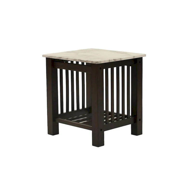 21 Inch Side End Table, White Faux Marble, Bottom Shelf, Black Wood