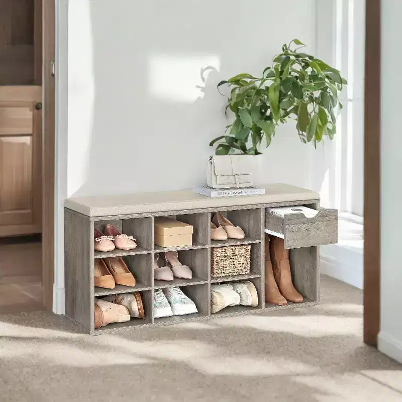 Storage Bench, Entryway Bench with Cushion, Drawer and Open Compartments, Bench with Storage, for Living Room, Bedroom, Closet