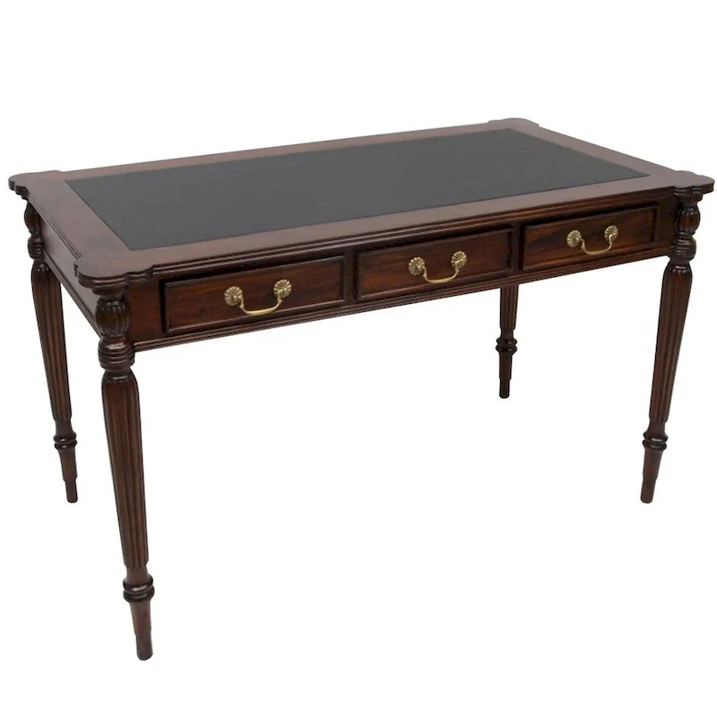 Dark Brown / Light Brown Victorian-Style Solid Mahogany Desk with Black Leather Top and 3 Drawers – Single Unit