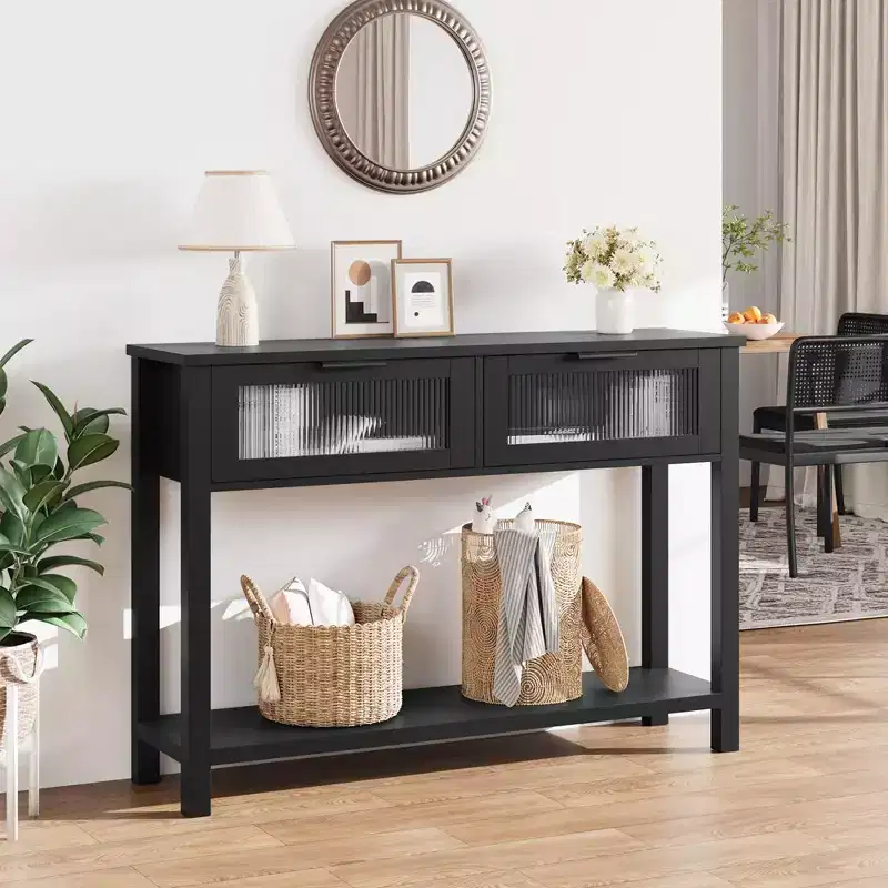Entryway Table, Wood Console Table with 2 Glass Drawers, 2 Tier Sofa Table with Storage for Living Room, Foyer Tables for Entryway
