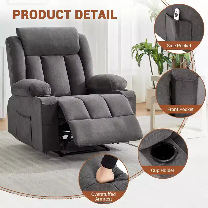 Recliner Chair, Manual Reclining Sofa with Massage and Heat, Comfy Overstuffed Rocking Chair with Side Pockets, Front Pockets and Cup Holde