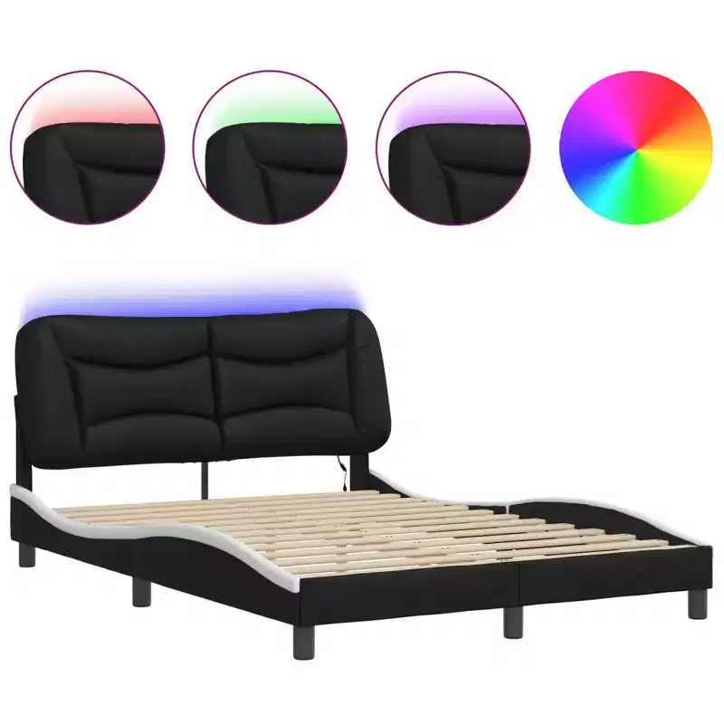 LED-Lit Full Size Bed Frame in Black/White - 53.9x74.8 with Faux Leather Finish, Plywood Slats, and Comfort Headboard Cushion