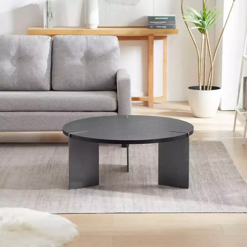 Round Coffee Table with Walnut Wood Top and Black Metal Base, Modern Centerpiece for Living Room