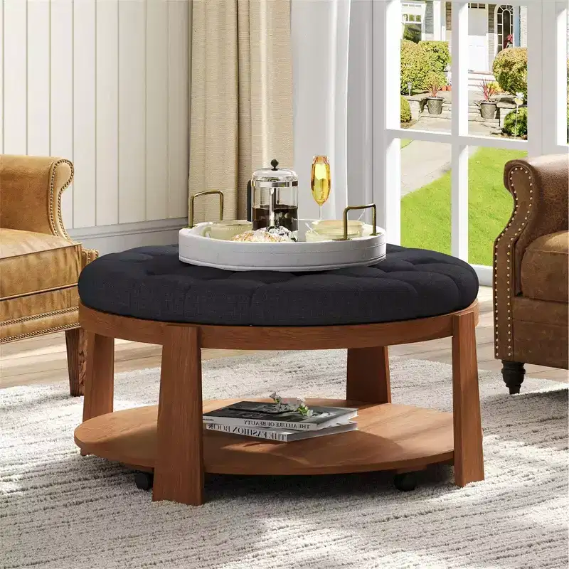 Okak Round 2-Tier Lift-Top CoffeeTable with Storage & 3 Ottoman, Mid Century Center Tables for Living Room Small Space