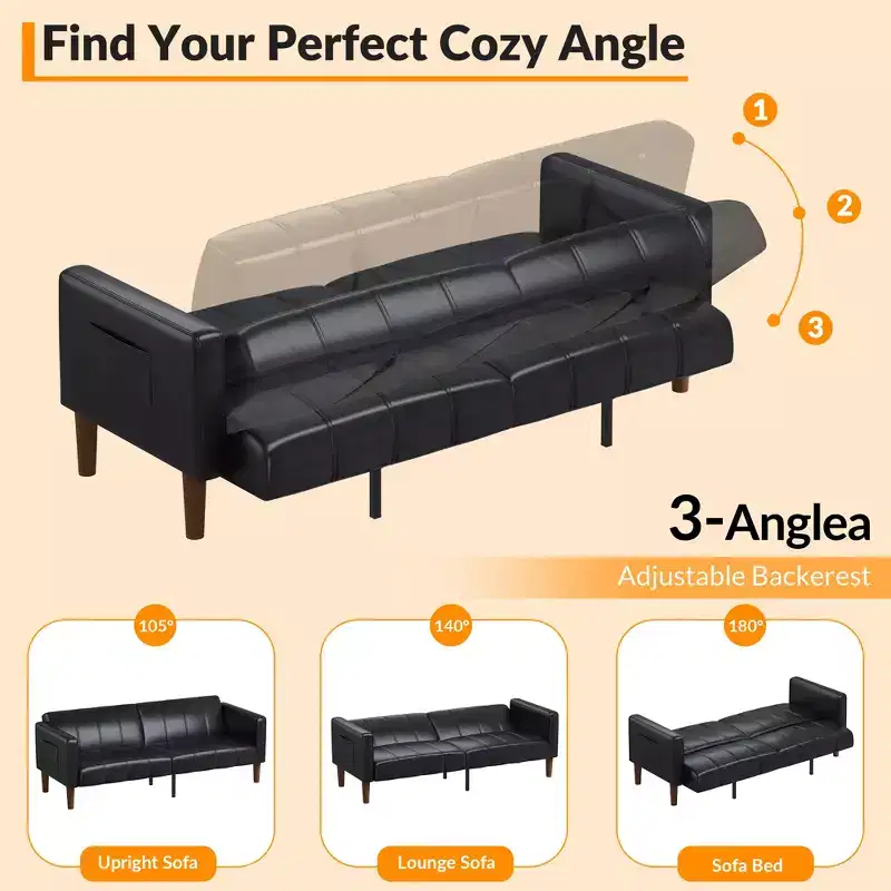75 Futon Sofa Bed  Modern Faux Leather, Mid-Century Design for Small Spaces, Living Room & Bedroom