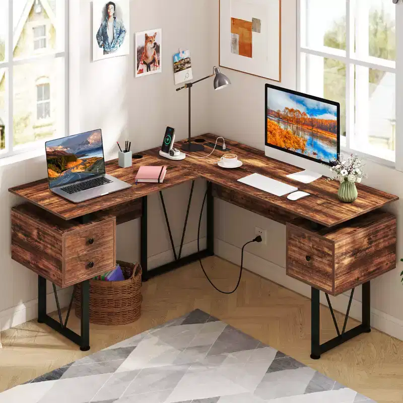 59 L-shaped Computer Desk with Power Outlets and 3 Storage Drawers Industrial Computer Workstation with Heavy-duty Metal Frame Rustic Brown