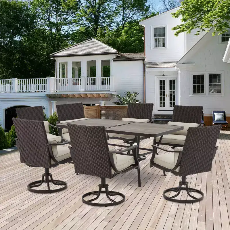 EROMMY 7 Piece Outdoor Patio Dining Set, Large Rectangular Dining Table (1.96'' Umbrella Hole) And 6 Swivel Dining Chairs With Lumbar Pillow