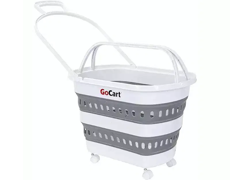 dbest products Folding Gocart Collapsible Laundry Basket On Wheels Grocery Cart Shopping Foldable Pop Up Plastic Hamper Tote