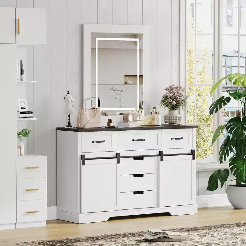 6-Drawer Dresser with LED Light Mirror Vanity | Rustic Modern Style