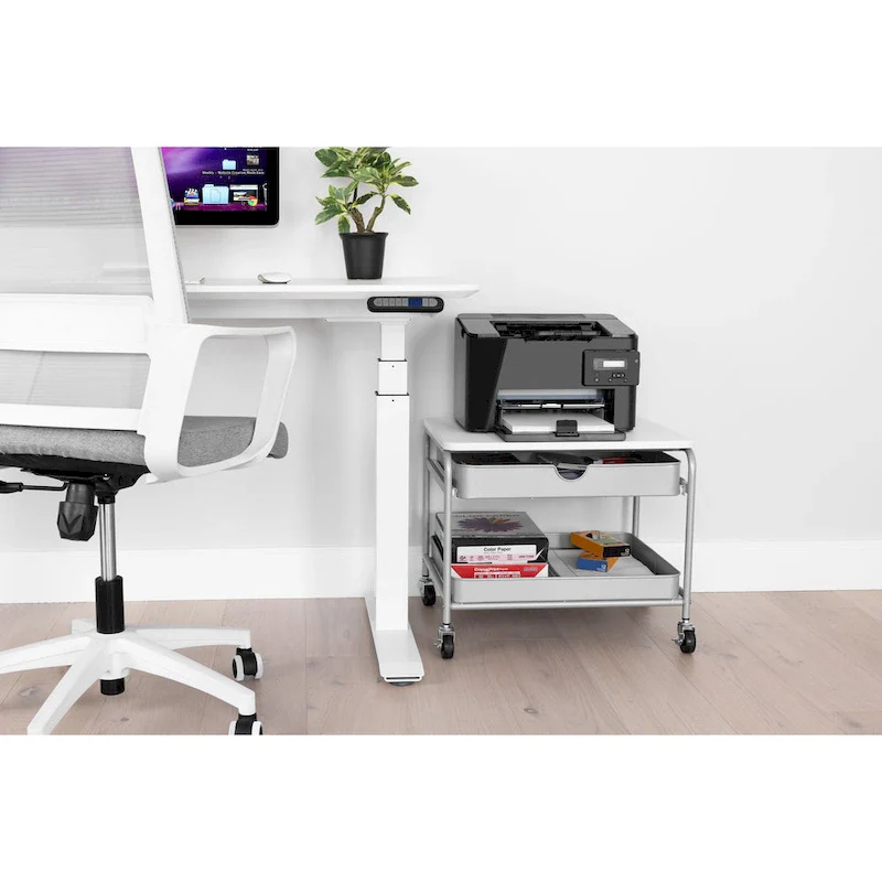 Under-Desk Printer Cart with 2 Wire Baskets & Locking Wheels – White / Silver, Steel Frame, 4 Casters