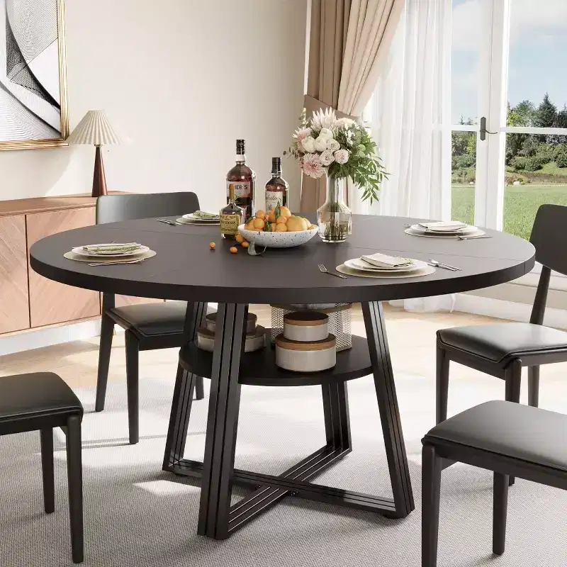 47-Inch Round Dining Table with Storage Shelf, Metal Base, Seats 4-6, for Kitchen or Dining Room