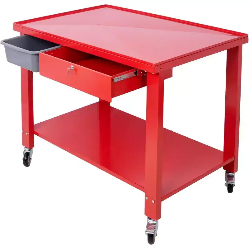 Transmission Dismantling Workstation - 1/2 Ton Capacity Steel Work Bench with Tilt Top, Drain Pan, and Locking Drawers (Red)
