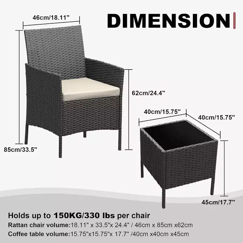 COZONY 3 Piece Outdoor Patio Set, PE Rattan Wicker 2 Chairs Glass Coffee Table Thick Cushion for Balcony Pool Porch Backyard
