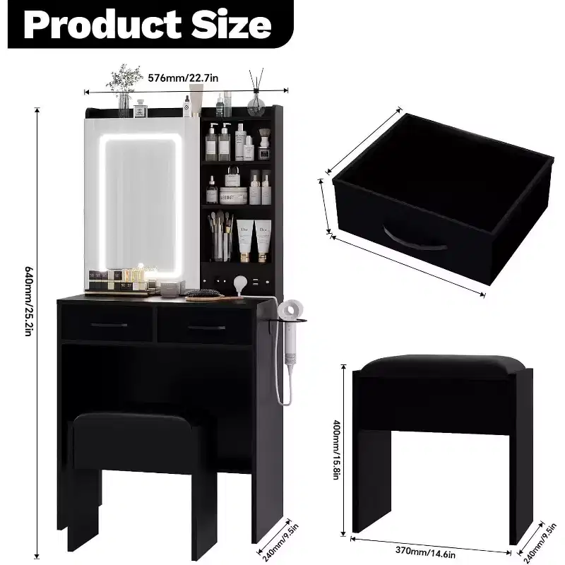Small Vanity Desk with Mirror and Lights, Makeup Vanity Table with 2 Drawers & Open Shelves & Stool, Dressing Table for Bedroom