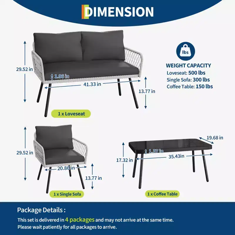 4Pcs Iron Frame Wicker Sofa Set - 2 Single Chairs, 1 Double Sofa, 1 Coffee Table, Diamond Weave Pattern, Modern Patio Furniture