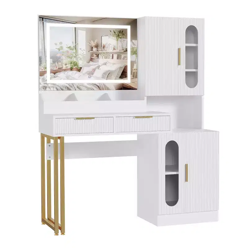 GustoWave Vanity Desk with Mirror, Fluted Modern Makeup Table, Drawers & Cabinets, 3-Color LED Lighting, Large Storage Capacity