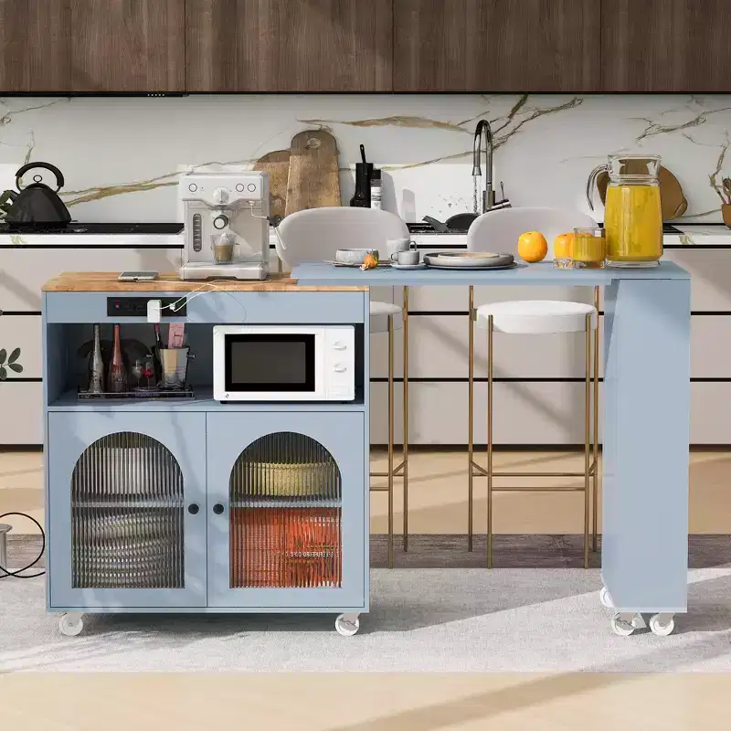 Rolling Kitchen Island with Extended Table, Kitchen Island on Wheels with LED Lights, Power Outlets, 2 Fluted Glass Doors