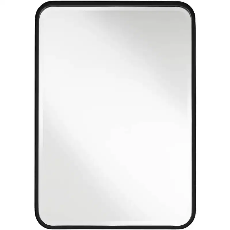 Rounded Edge Rectangular Vanity Wall Mirror Modern Beveled Black Iron Frame 24 Wide for Bathroom Bedroom Living Room Home Entryway