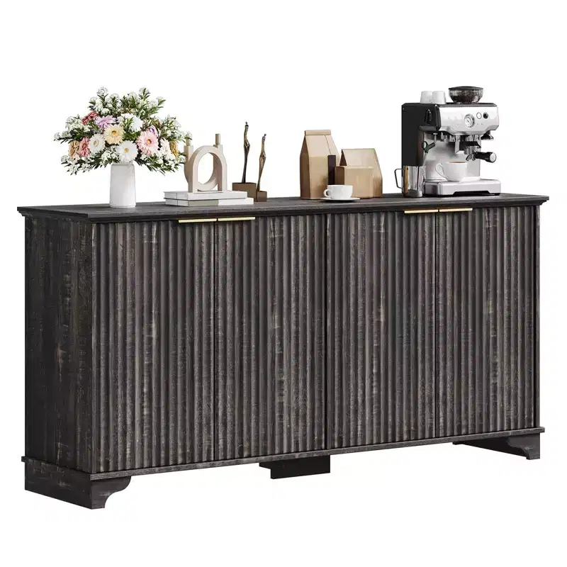 Sideboard, Buffet Cabinet - Sunvasagoo with 4 Fluted Doors, Adjustable Shelves, Farmhouse Storage for Kitchen, Living Room, Coffee Bar