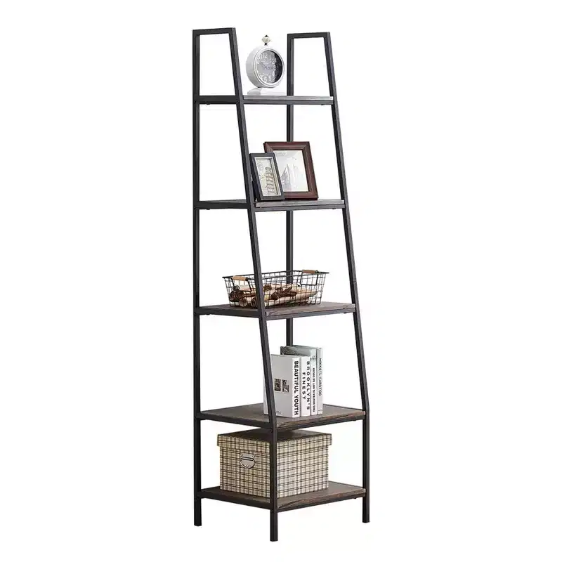 Freestanding Industrial 5 Tier Open Shelf Ladder Bookcase, Gray & Brown