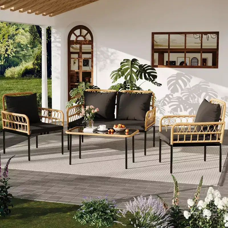 Boho Style 4-Piece Outdoor Patio Furniture Set - All-Weather Wicker Rattan Loveseat, Sturdy Metal Frame, Glass Table & Thick Cushions