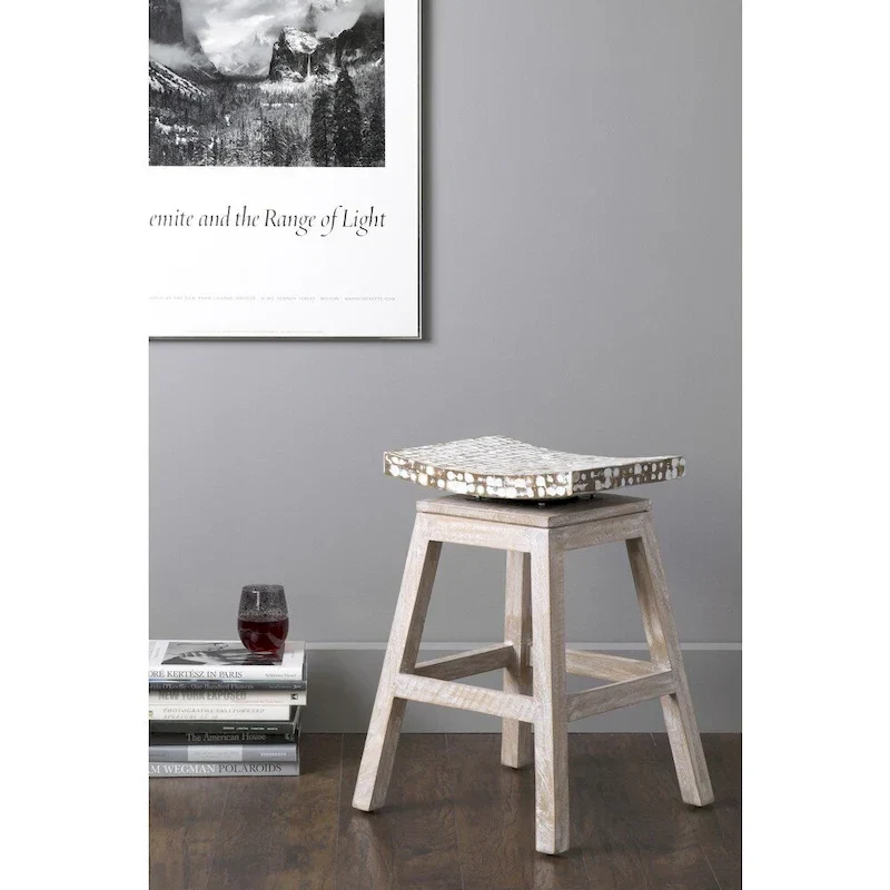 Backless Swivel Counter Stool, White/Natural & Black, Mango Wood Base, Single