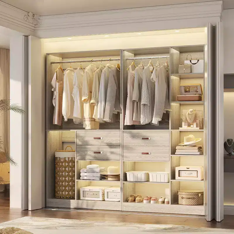 Besiost 80-In Closet Organizer System Set with Wood Drawers, Freestanding Wardrobe with Clothes Rack
