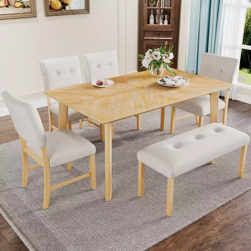6-Piece Rustic Farmhouse Dining Set with Table, 4 Chairs, and Bench, for 6 Persons, Easy Assembly