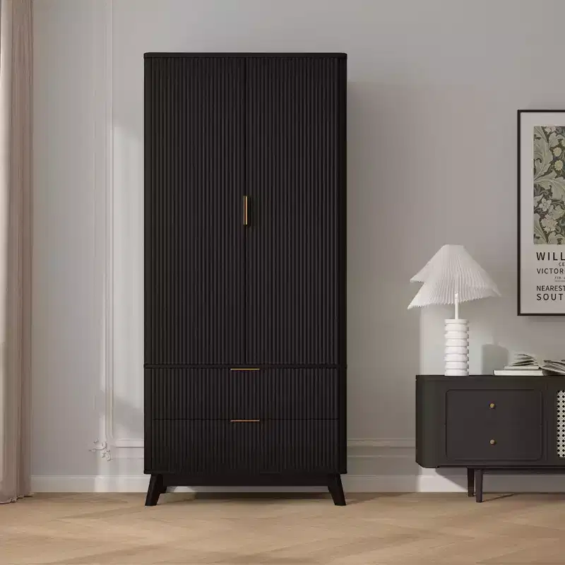 Wood Wardrobe Closet, 71 Wood Bedroom Armoire with 2 Doors, 1 Adjustable Shelf and 2 Drawers, Wardrobe Cabinet with Hanging Rod for Bedroom