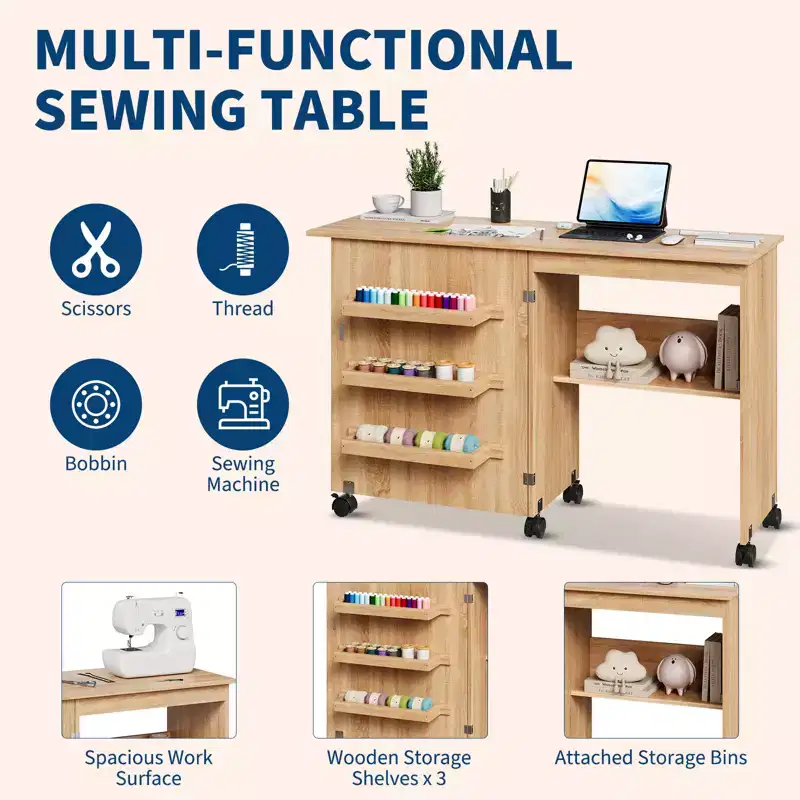 Folding Sewing Table and Compact Craft Station with Lockable Wheels, Sewing Machine Desk with Storage Shelves, Trays and Pegs
