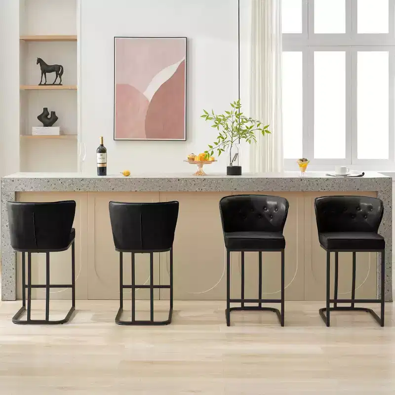 Counter Height Bar Stools Set of 2, Leather Upholstered with Back, Black, 24