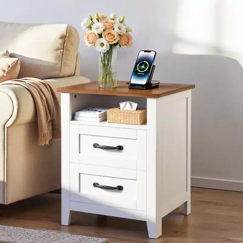 Farmhouse Nightstands, with Charging Station, Set of 2, End Tables with 2 Drawers and Open Shelf
