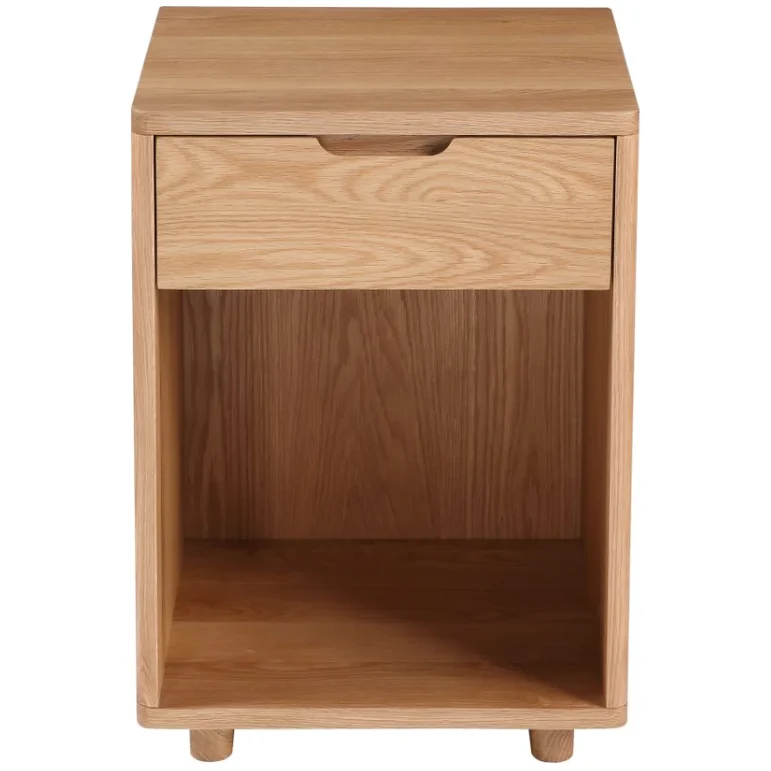 Minimalist Solid Oak Nightstand with Cut-Out Handle & Open Display Area for Bedroom