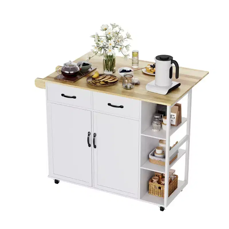 Kitchen Islands Carts On Wheels with Wood Top Rolling Cart with Storage Drawer, 2-Door Cabinet,Foldable Leaf,Mobile Workstation for Kitchen,Bar,Black