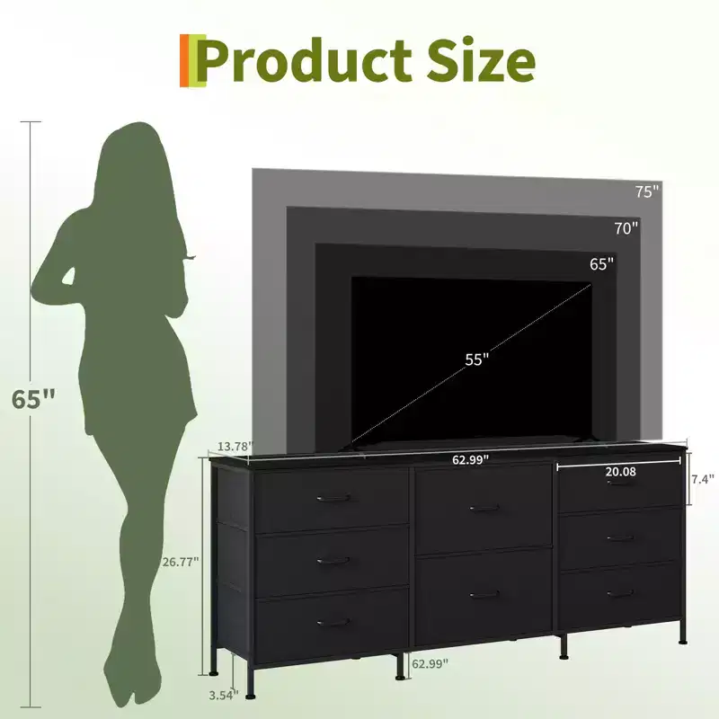 63 TV Stand with 8 Fabric Drawers, Entertainment Center for 45-65 TV, Metal Frame Wood Top Storage Cabinet for Living Room Bedroom