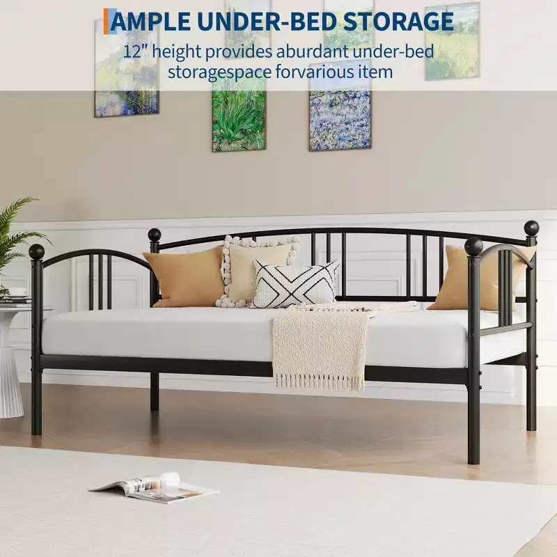 Twin Daybed Without Trundle, Metal Twin Size Day Bed, Heavy-Duty Steel Slatted Support, for Living Rooms, Bedrooms, No Spring Mattress Required